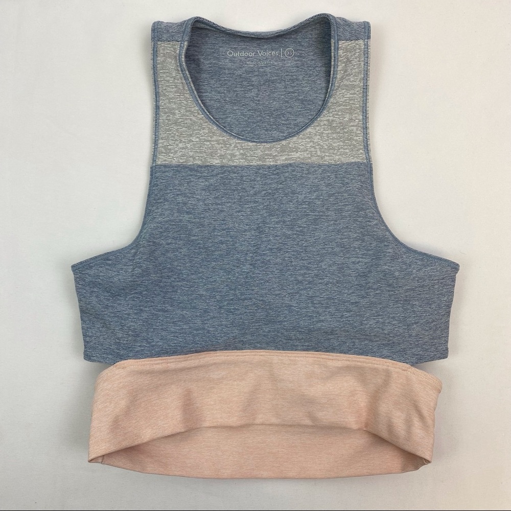Outdoor Voices Tri-tone Slashback Gray Pink Crop Sports Bra - Picture 2 of 9